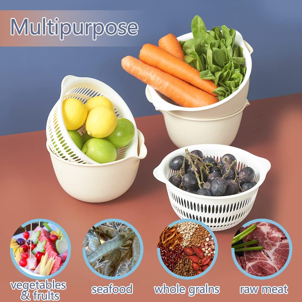 2 in 1 Kitchen Colander Set with Bowl Strainer (2 Sets 3 Qt).BPA Free Plastic Fruits and Vegetable Washing Basket.Dishwasher Friendly Double Layered Drain Basin.for Pasta Salad Berry Cleaning Mixing