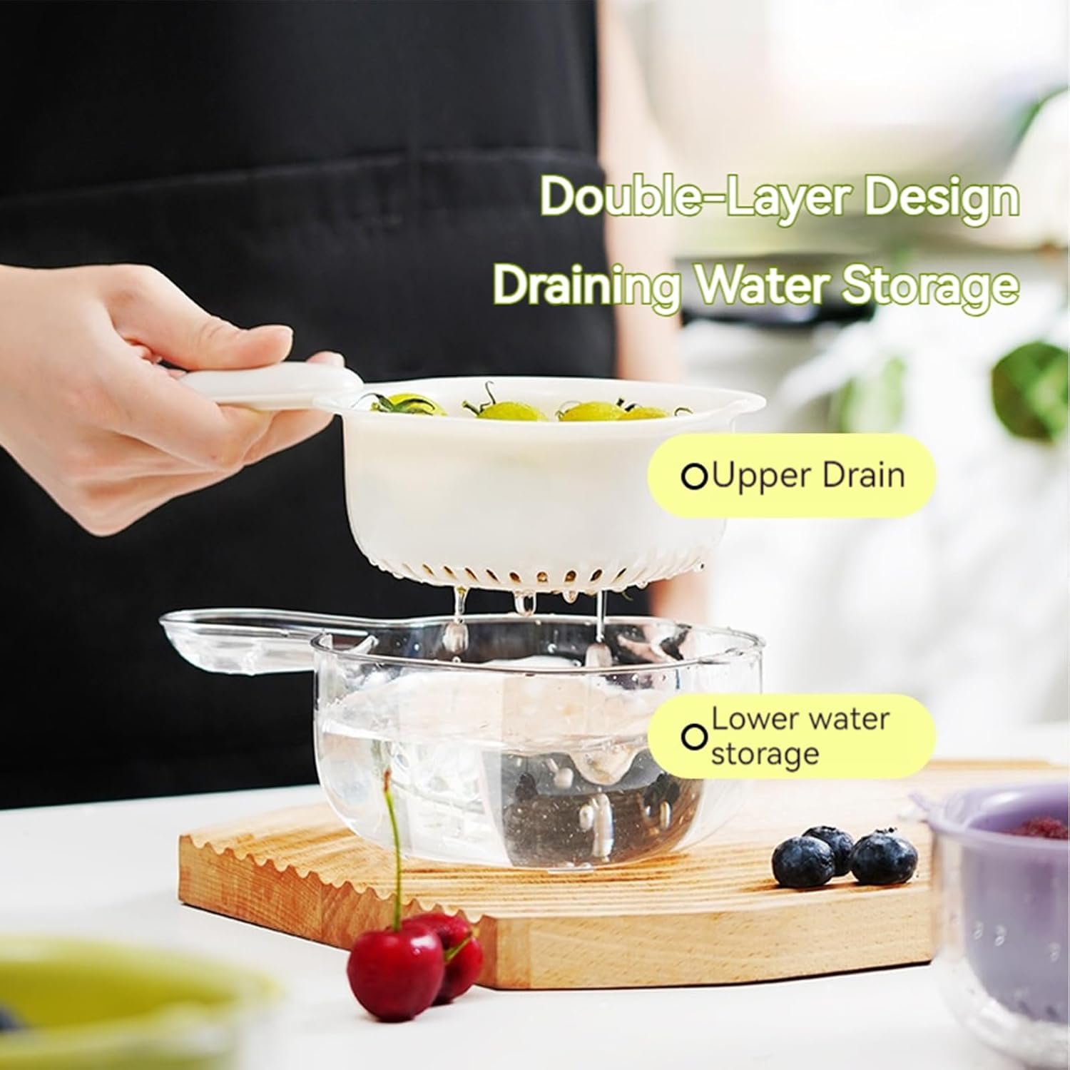 Small Fruit Colander.Fruit Rinser Strainer Container Dual-Layer Vegetable Cutting And Draining Basket.Watermelon Bowl With Strainer For Mini Berry And Tomato Grape Washer (Purple)