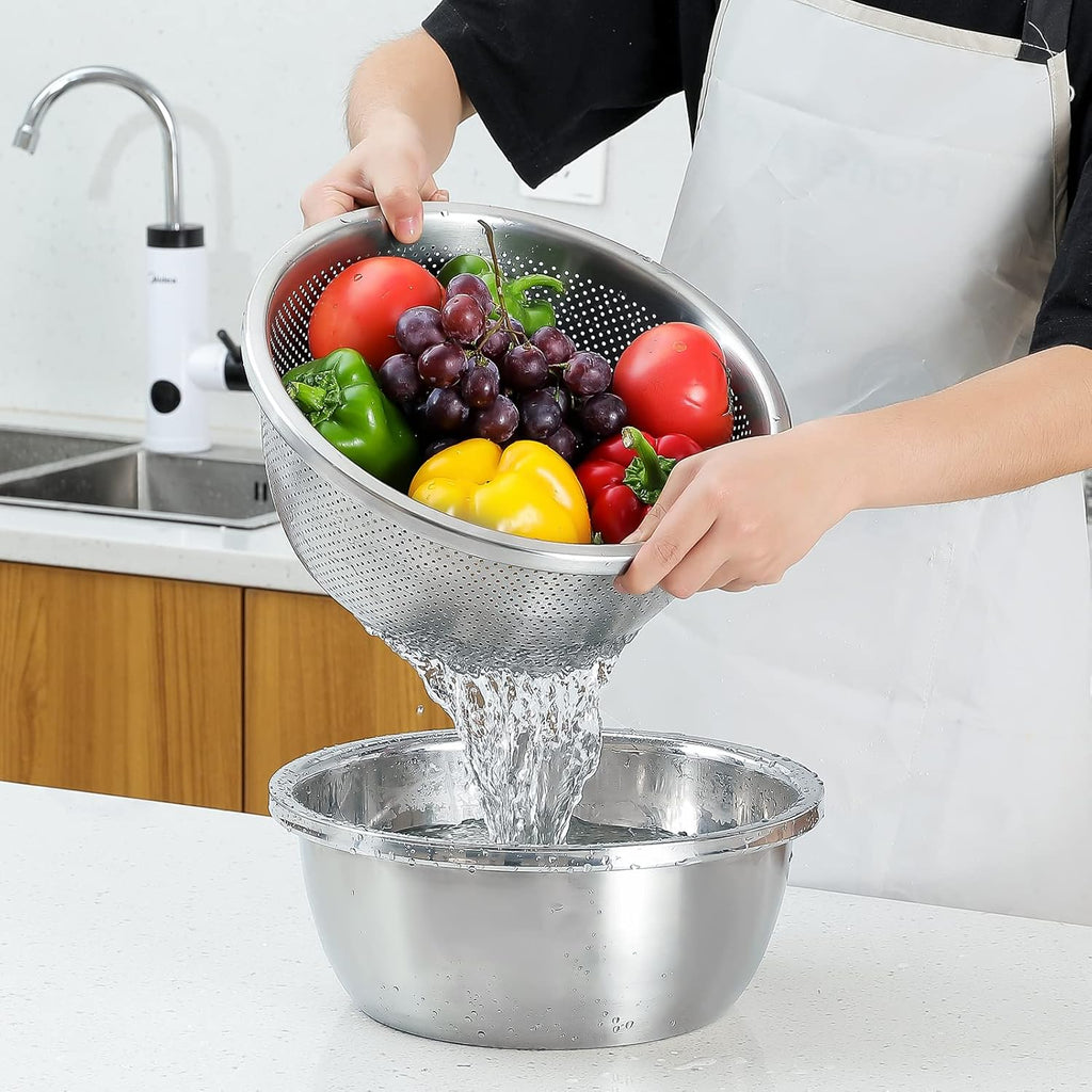 304 Stainless Steel Microporous Colander.2QT Large Capacity with Mixing Bowl For washing vegetables. fruit and rice and for draining cooked pasta(2PC)