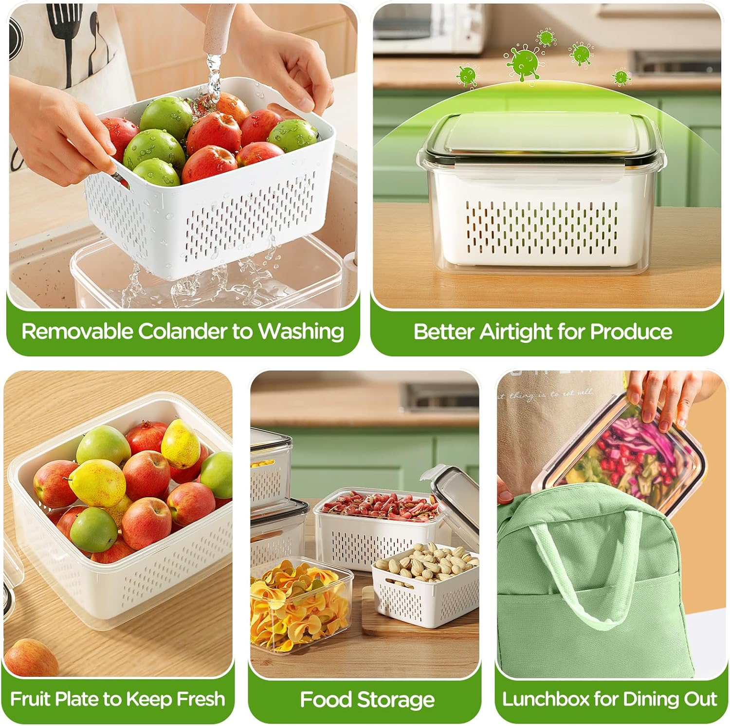 4 PCS Fruit Storage Containers for Fridge. Produce Containers for Fridge with Removable Colander. All-In-One Fruit Washing Bowl with Strainer Microwave/Dishwasher Safe for Salad Berry Lettuce Keeper