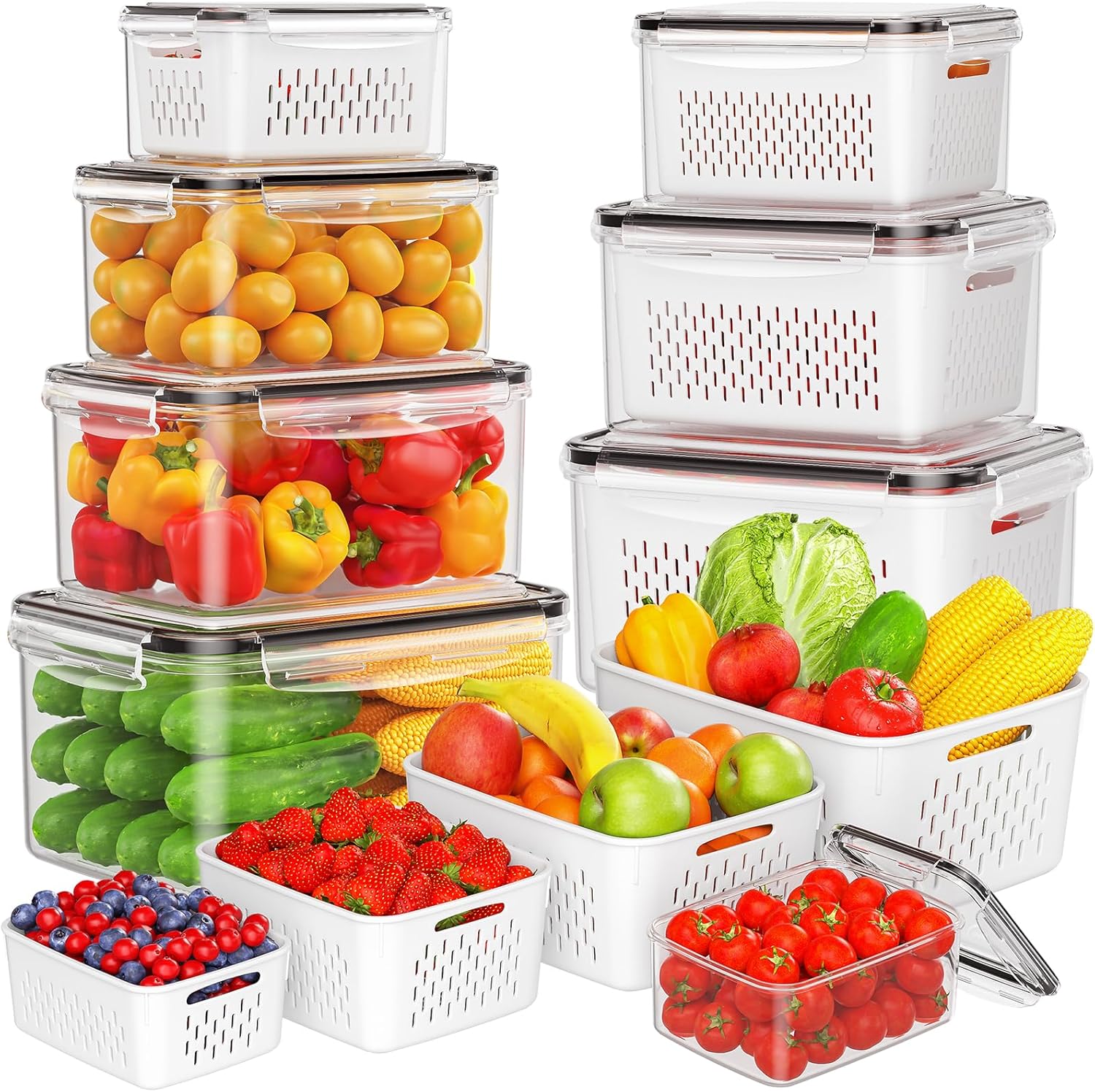 4 PCS Fruit Storage Containers for Fridge. Produce Containers for Fridge with Removable Colander. All-In-One Fruit Washing Bowl with Strainer Microwave/Dishwasher Safe for Salad Berry Lettuce Keeper